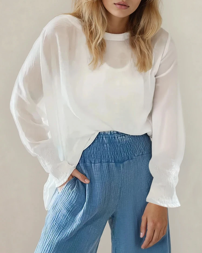 Indie & Co. | Women's Apparel - Marley Smocked Cuffs Blouse-White | Semi Sheer Top |Mesh Top: White / 100%Polyester / XL