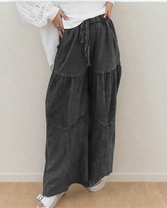Indie & Co. | Women's Apparel - Hazel Mineral Wash Pants-Black | Wide Leg Pants | Drawstring: Black / 85%Cotton+15%Polyester / L