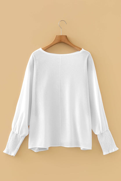Indie & Co. | Women's Apparel - Marley Smocked Cuffs Blouse-White | Semi Sheer Top |Mesh Top: White / 100%Polyester / XL