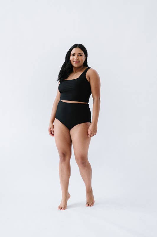 Coral Reef Swim - Black Square Neck Swim Top: Black / XXL