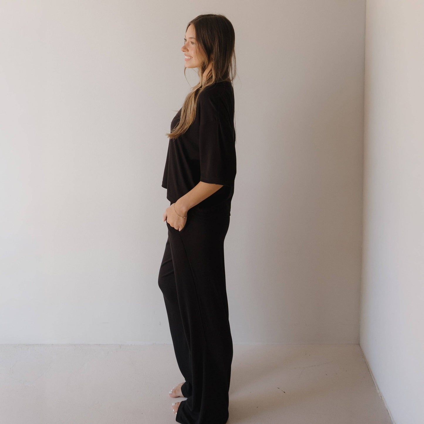 Forever French Baby - Women's Boxy Tee Lounge Set | Ribbed Black: 2X-Large