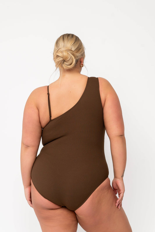 Coral Reef Swim - Chocolate One Shoulder One Piece: XX-Large