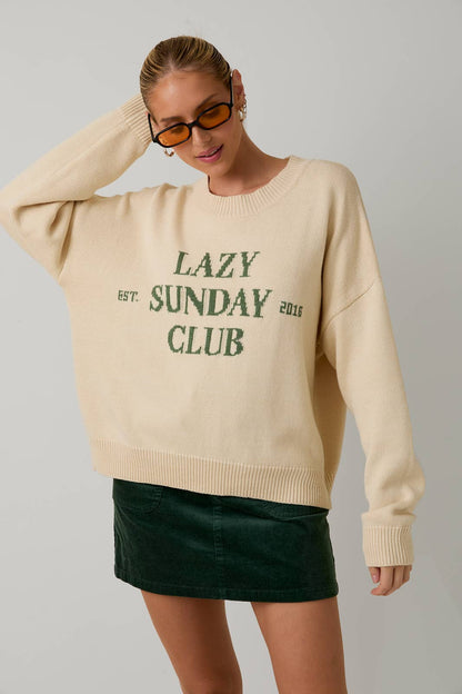 Sunday Edition by LE LIS - ROUND NECK 'LAZY SUNDAY CLUB' SWEATER TOP: CREAM / S
