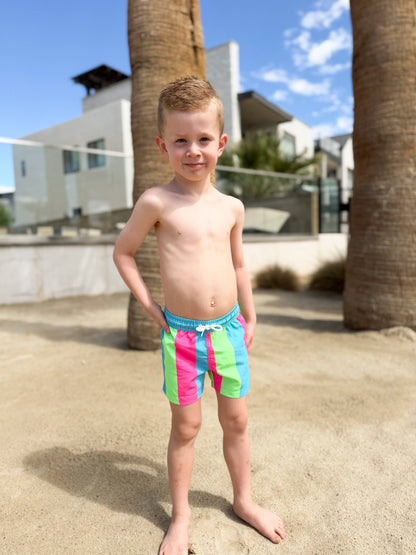 Coral Reef Swim - Bright Summer Stripe Boys Swim Trunks: 4T