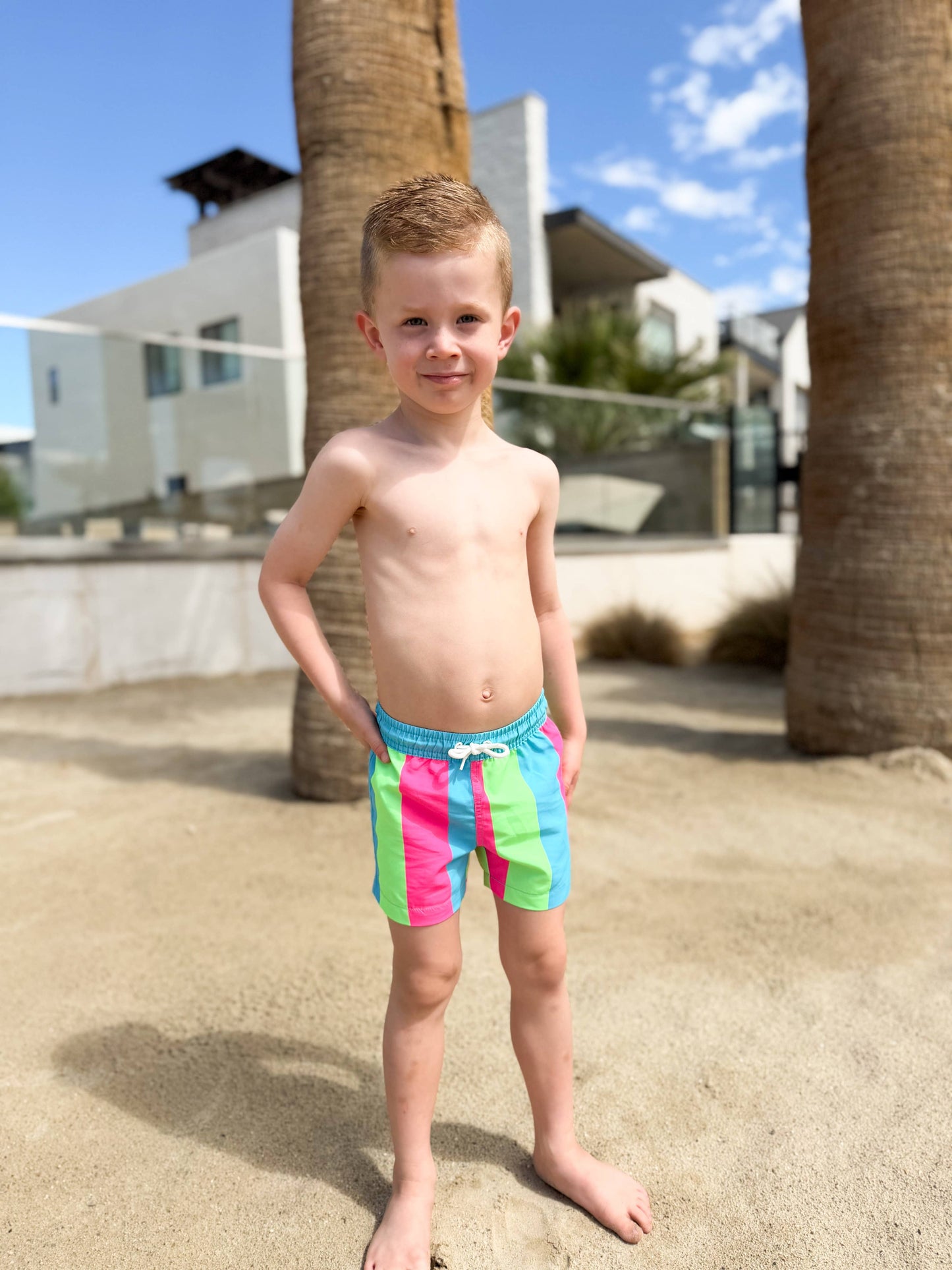 Coral Reef Swim - Bright Summer Stripe Boys Swim Trunks: 6