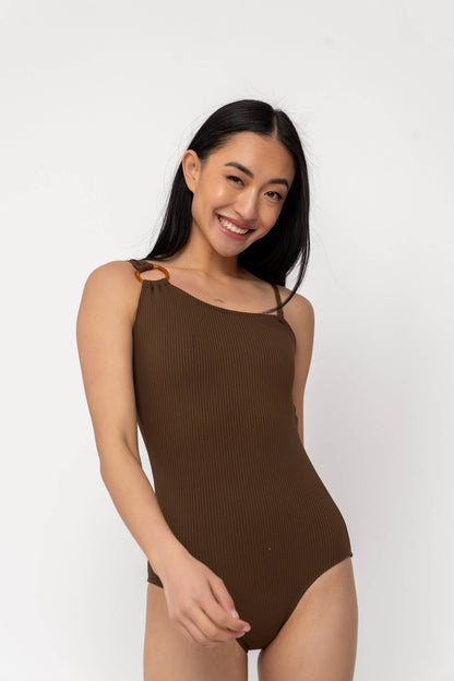 Coral Reef Swim - Chocolate One Shoulder One Piece: XX-Large
