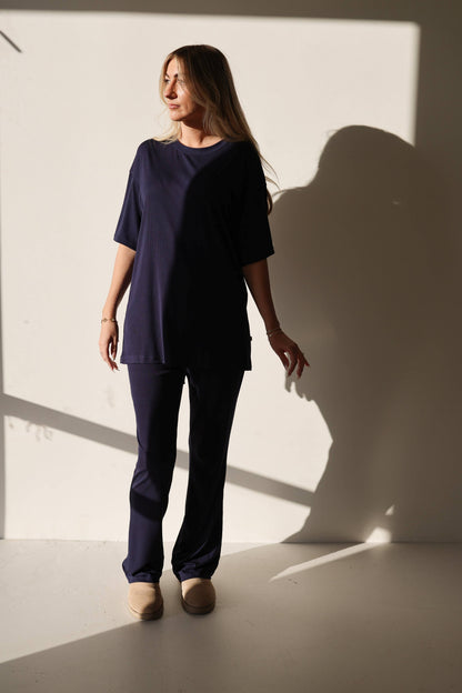 Forever French Baby - Short Sleeve Bamboo Women's Lounge Set | Blueberry Ribbed: X-Large