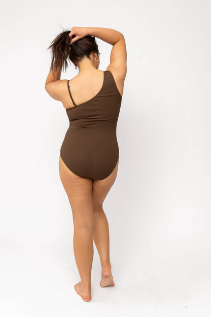 Coral Reef Swim - Chocolate One Shoulder One Piece: XX-Large