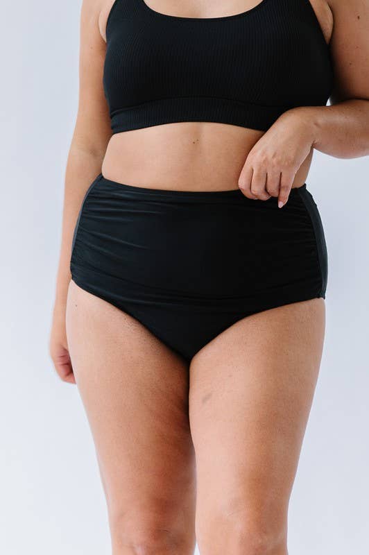 Coral Reef Swim - Black High Waisted Ruched Swim Bottoms: Black / XXL