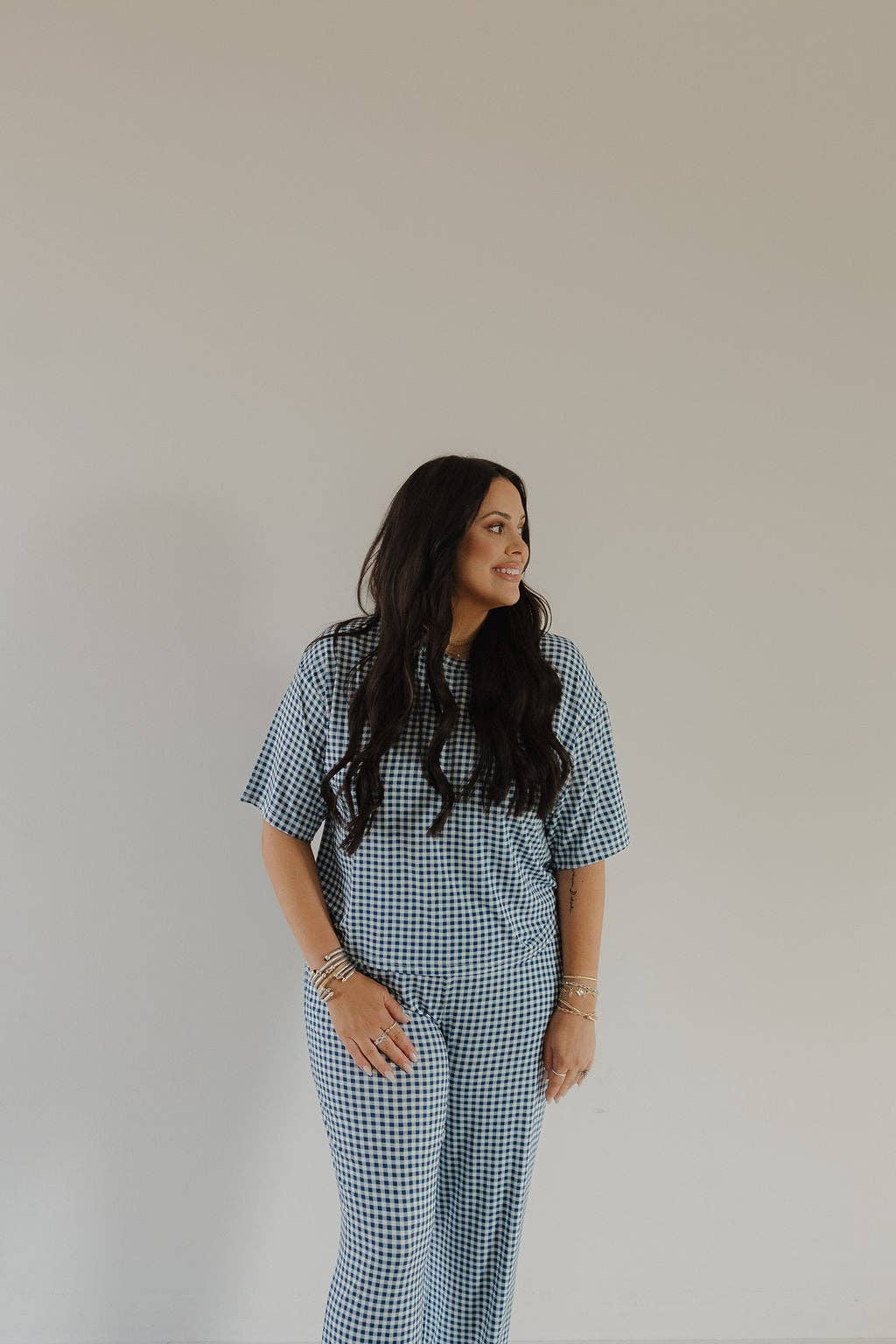 Forever French Baby - Women's Boxy Tee Lounge Set | Blue Gingham: 2X-Large