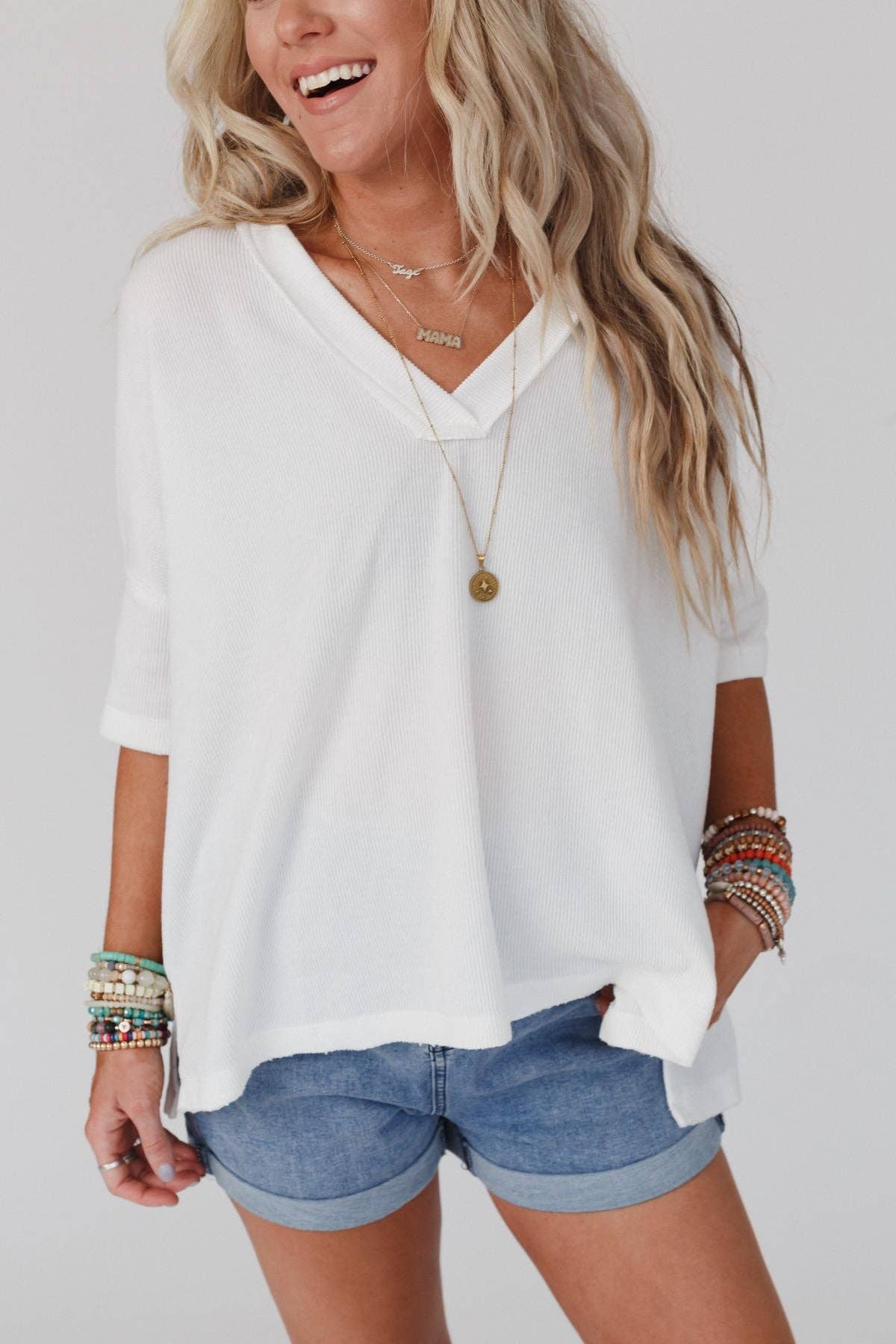 Three Bird Nest - On The Go V Neck Ribbed Essential Tee - Off White: L