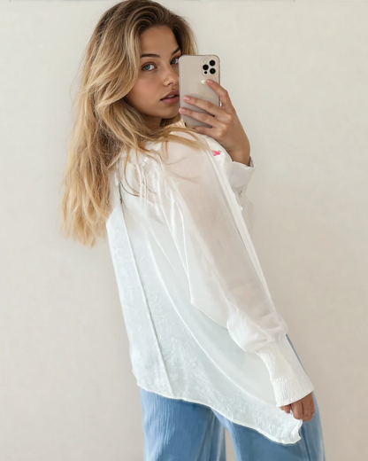 Indie & Co. | Women's Apparel - Marley Smocked Cuffs Blouse-White | Semi Sheer Top |Mesh Top: White / 100%Polyester / XL