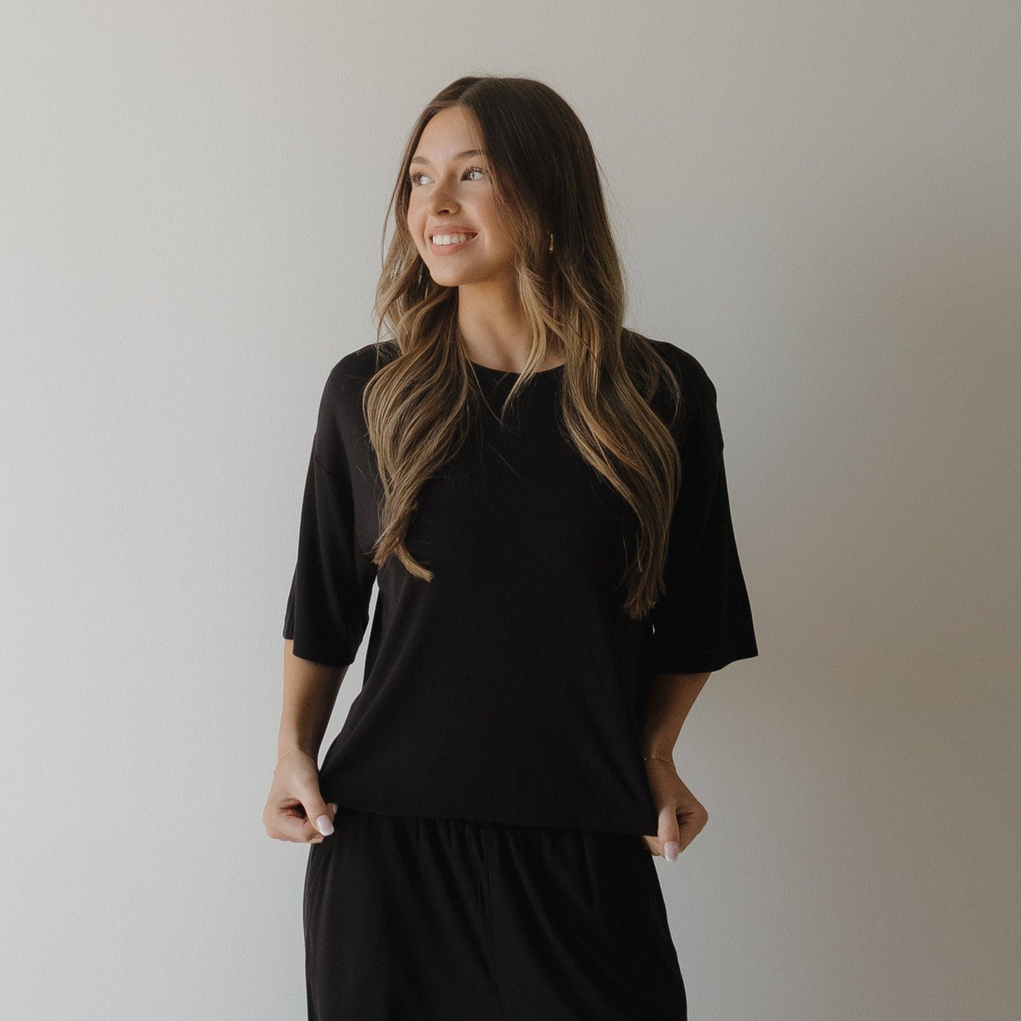 Forever French Baby - Women's Boxy Tee Lounge Set | Ribbed Black: 2X-Large