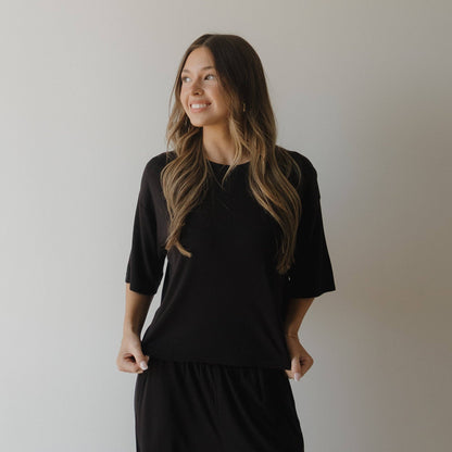 Forever French Baby - Women's Boxy Tee Lounge Set | Ribbed Black: 2X-Large