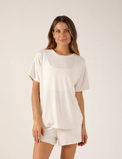 Glyder - Lazy Haven Tee: Oatmilk/White Stripe: Oatmilk/White Stripe / L
