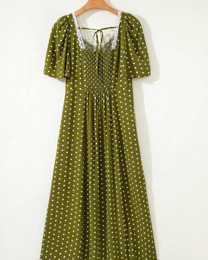 Indie & Co. | Women's Apparel - Maleah Polka Dot Lace Neck Smocked Waist Maxi Dress: Green / 100%Viscose / XL