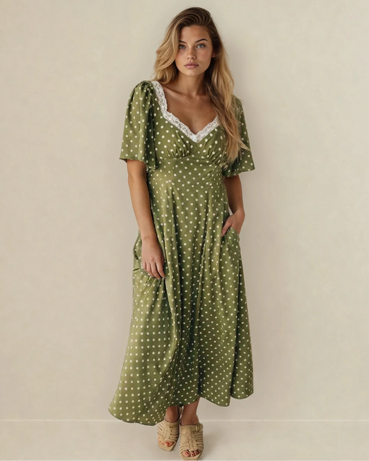 Indie & Co. | Women's Apparel - Maleah Polka Dot Lace Neck Smocked Waist Maxi Dress: Green / 100%Viscose / XL