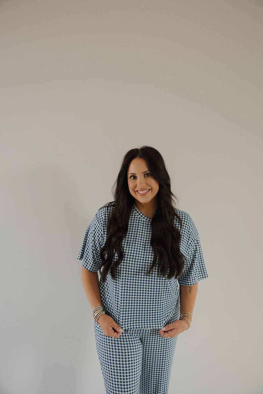 Forever French Baby - Women's Boxy Tee Lounge Set | Blue Gingham: 2X-Large