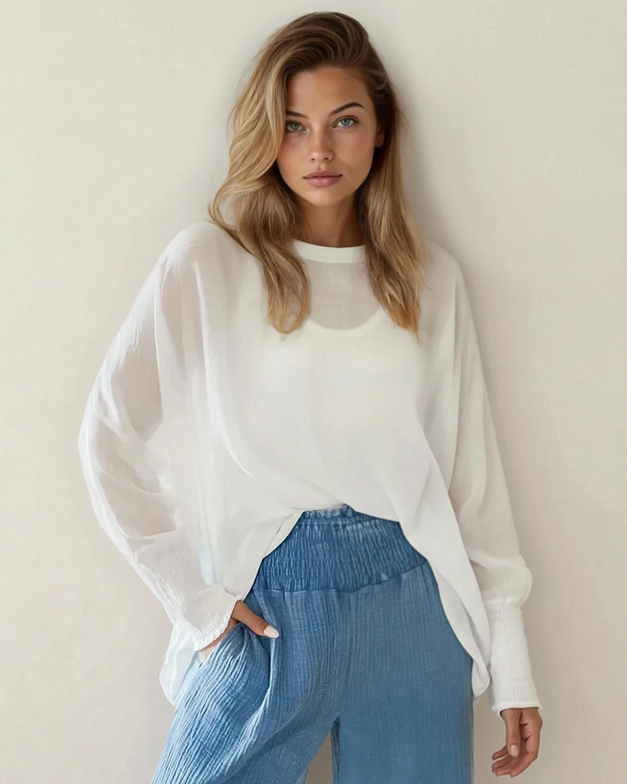 Indie & Co. | Women's Apparel - Marley Smocked Cuffs Blouse-White | Semi Sheer Top |Mesh Top: White / 100%Polyester / XL