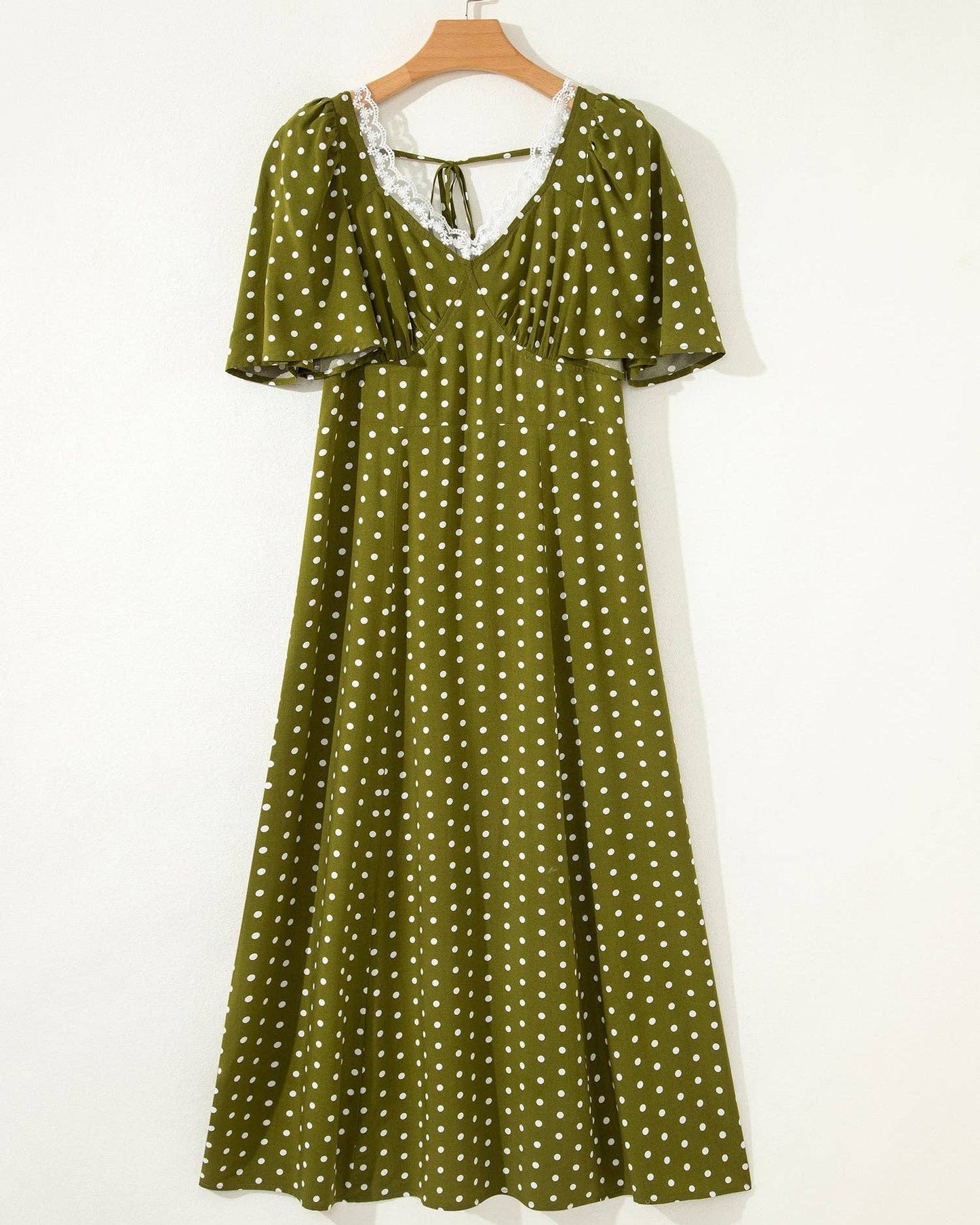 Indie & Co. | Women's Apparel - Maleah Polka Dot Lace Neck Smocked Waist Maxi Dress: Green / 100%Viscose / XL