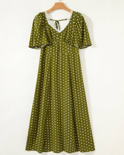 Indie & Co. | Women's Apparel - Maleah Polka Dot Lace Neck Smocked Waist Maxi Dress: Green / 100%Viscose / XL