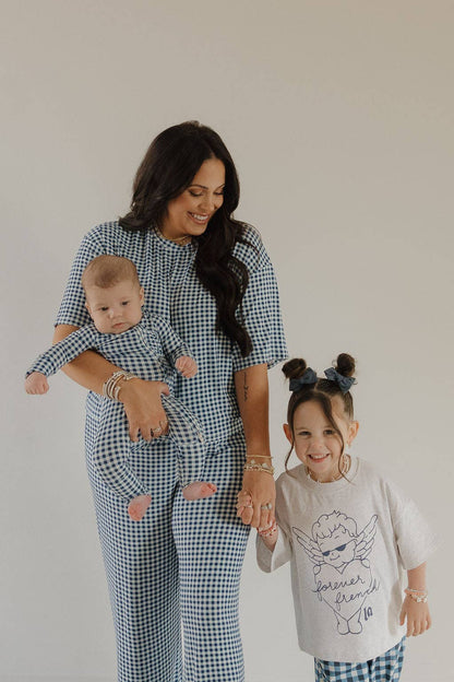 Forever French Baby - Women's Boxy Tee Lounge Set | Blue Gingham: 2X-Large