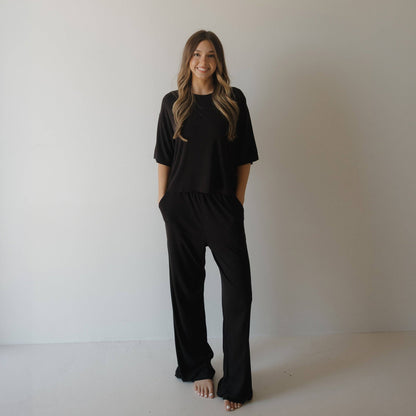 Forever French Baby - Women's Boxy Tee Lounge Set | Ribbed Black: 2X-Large