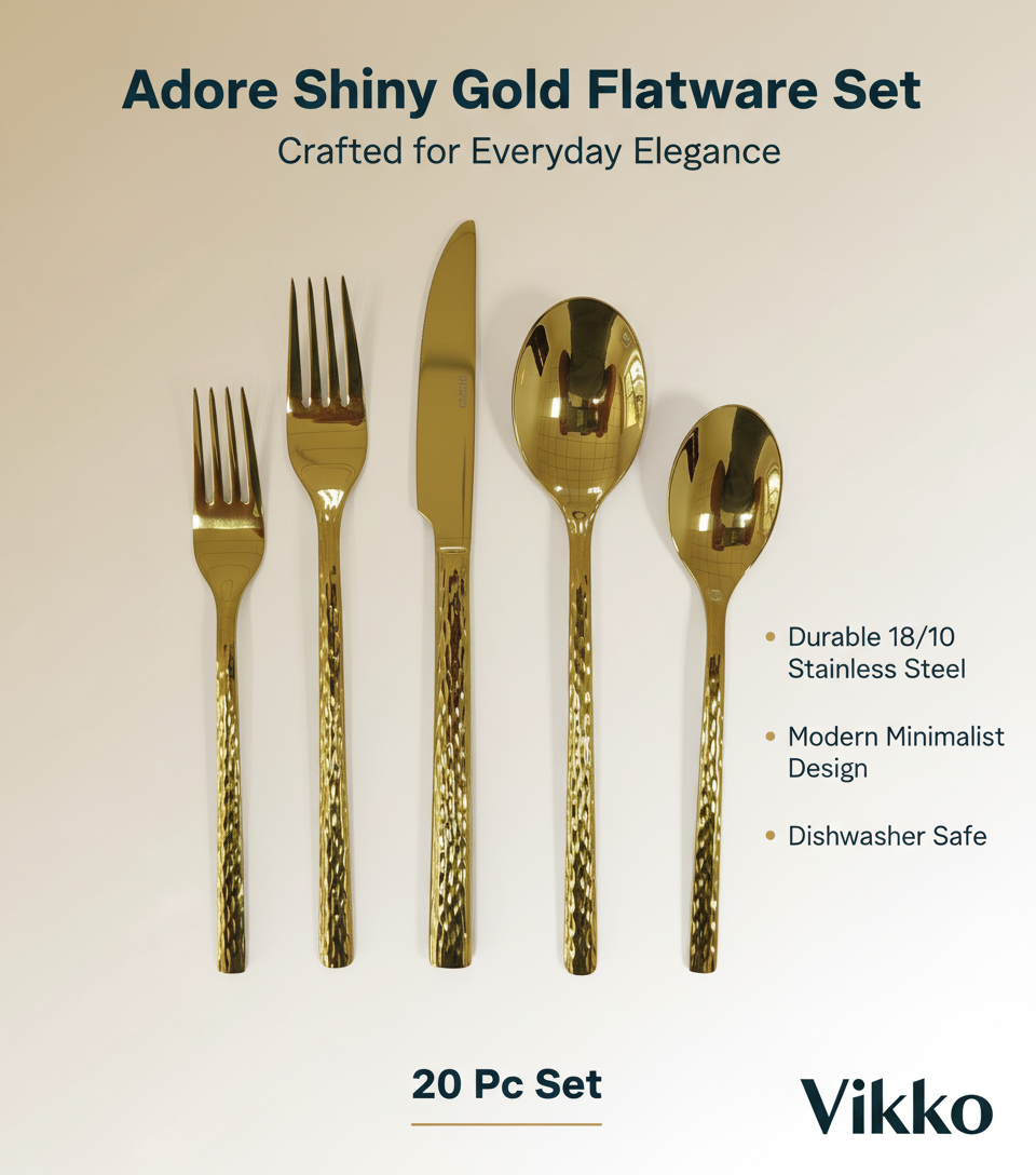 Kadra Kitchenware - Vikko - Adore, Shiny Gold, 18/10 SS, 20 Pc Flatware Set