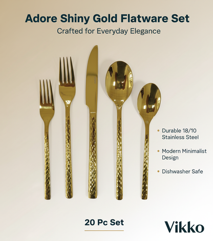 Kadra Kitchenware - Vikko - Adore, Shiny Gold, 18/10 SS, 20 Pc Flatware Set