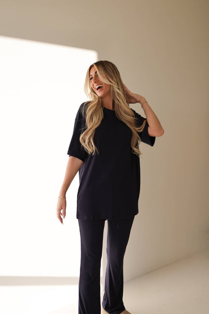 Forever French Baby - Short Sleeve Bamboo Women's Lounge Set | Blueberry Ribbed: X-Large