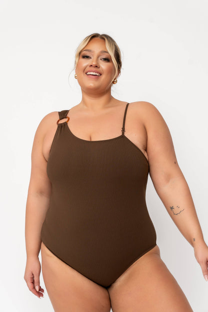 Coral Reef Swim - Chocolate One Shoulder One Piece: XX-Large