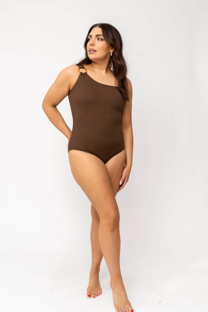 Coral Reef Swim - Chocolate One Shoulder One Piece: XX-Large