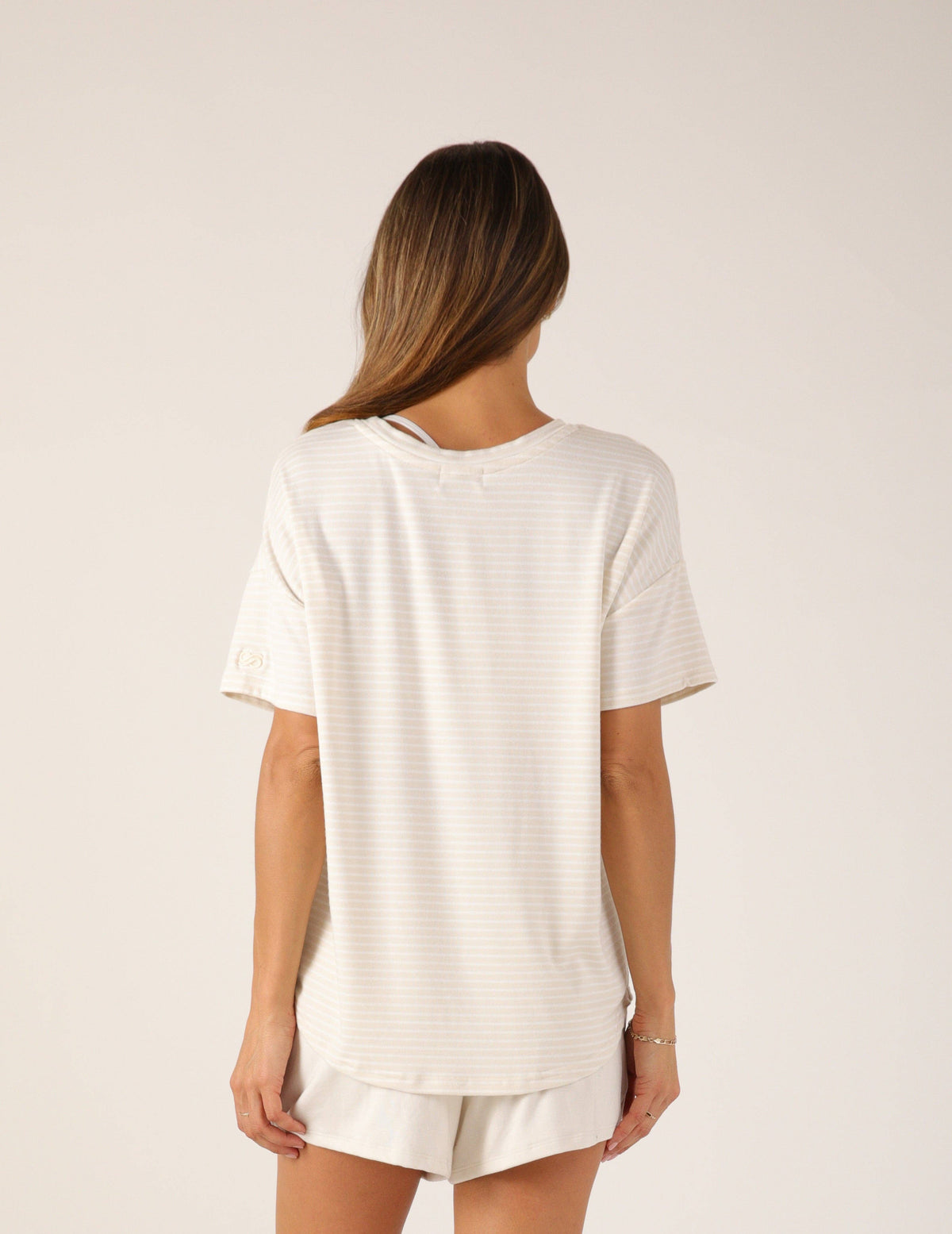 Glyder - Lazy Haven Tee: Oatmilk/White Stripe: Oatmilk/White Stripe / L