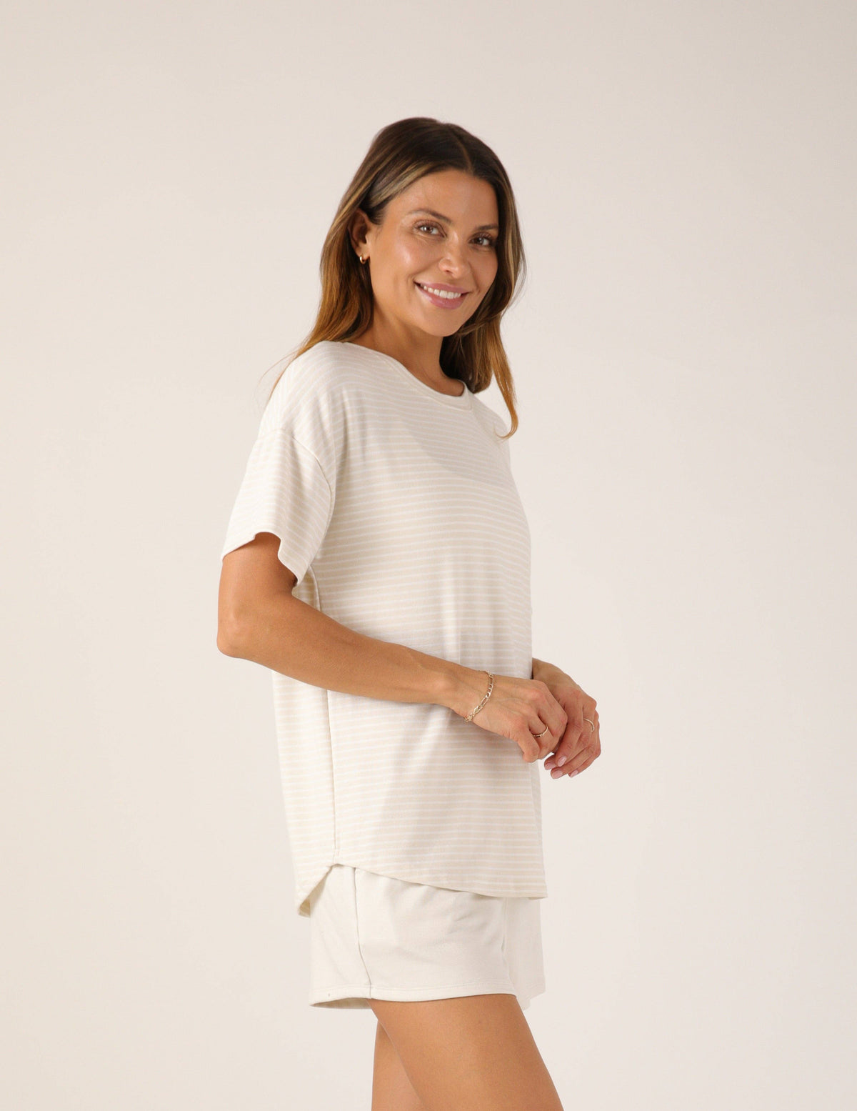 Glyder - Lazy Haven Tee: Oatmilk/White Stripe: Oatmilk/White Stripe / L