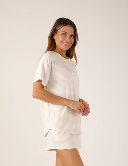 Glyder - Lazy Haven Tee: Oatmilk/White Stripe: Oatmilk/White Stripe / L