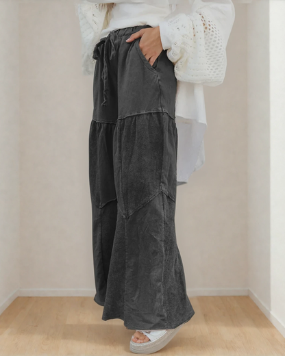 Indie & Co. | Women's Apparel - Hazel Mineral Wash Pants-Black | Wide Leg Pants | Drawstring: Black / 85%Cotton+15%Polyester / L