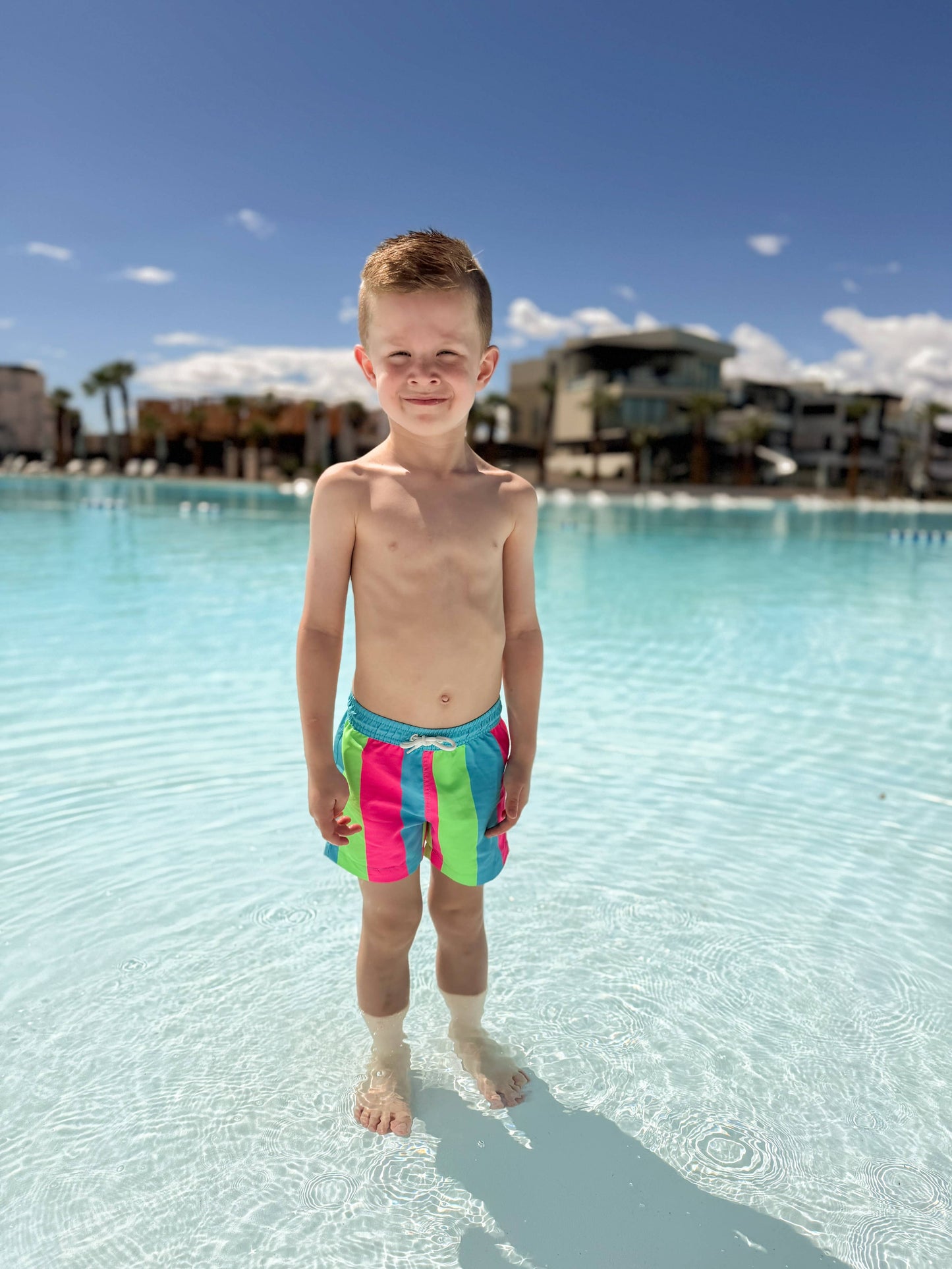 Coral Reef Swim - Bright Summer Stripe Boys Swim Trunks: 4T