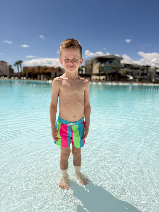 Coral Reef Swim - Bright Summer Stripe Boys Swim Trunks: 4T